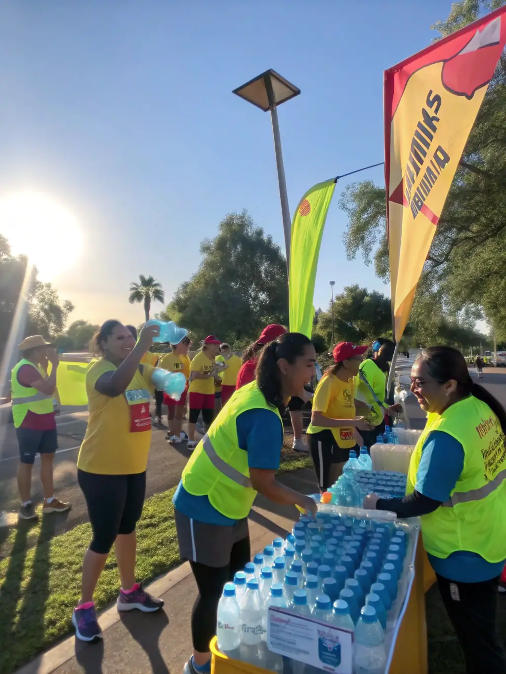 A photograph of volunteers assisting at a local charity run organized by LAMBALLE ARMOR SPORT AVENTURE, emphasizing the organization's commitment to charitable causes.