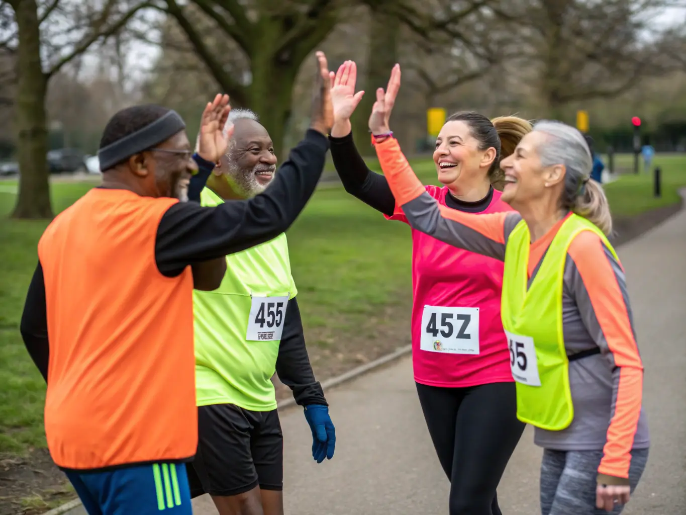 A vibrant image showcasing participants engaged in a community sports event organized by LAMBALLE ARMOR SPORT AVENTURE, with people of all ages participating in a friendly race.