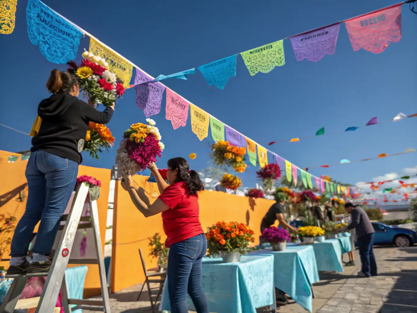 A photograph of volunteers assisting in the setup of a cultural festival organized by LAMBALLE ARMOR SPORT AVENTURE, highlighting the organization's commitment to cultural enrichment.